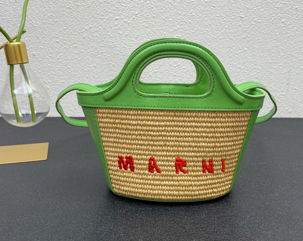 Marni Green Patchwork Straw Mini Crossbody Bag
